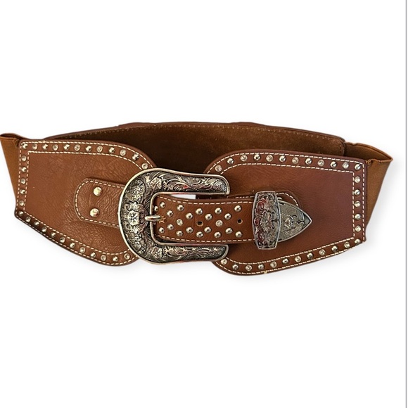 Montana West double buckle Brown Leather Belt with Silver Buckle - Picture 4 of 13